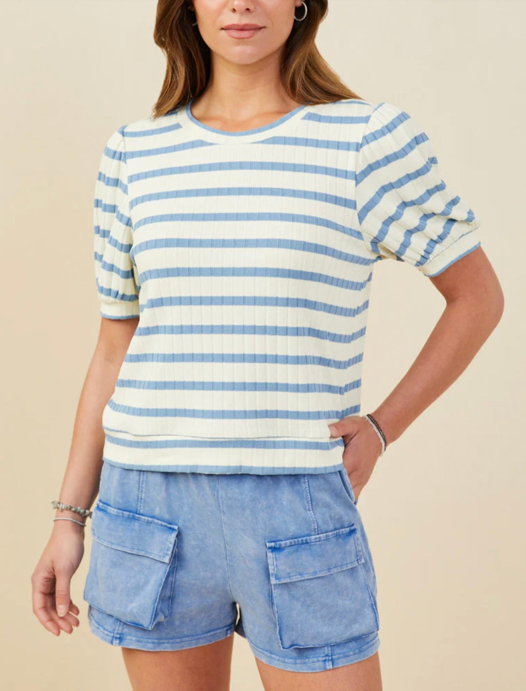 Womens Striped Puff Sleeve Ribbed Knit Top