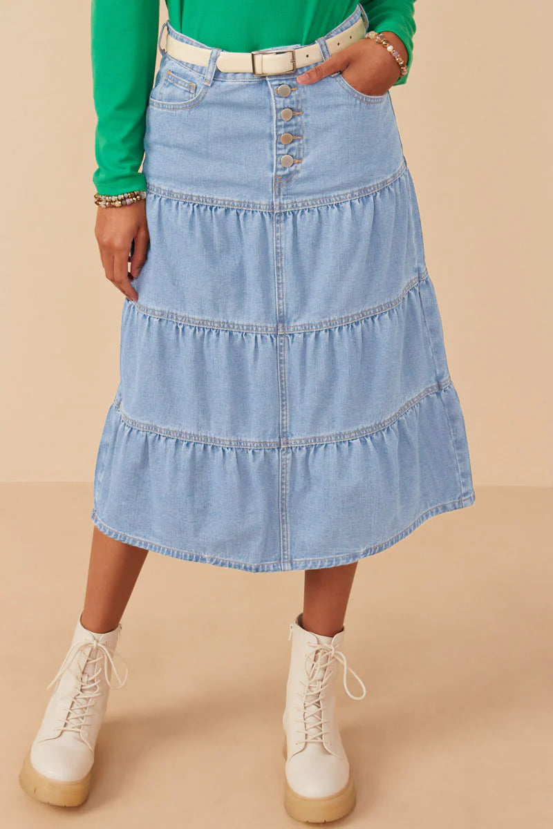 Women's Button Fly Tiered Denim Maxi Skirt
