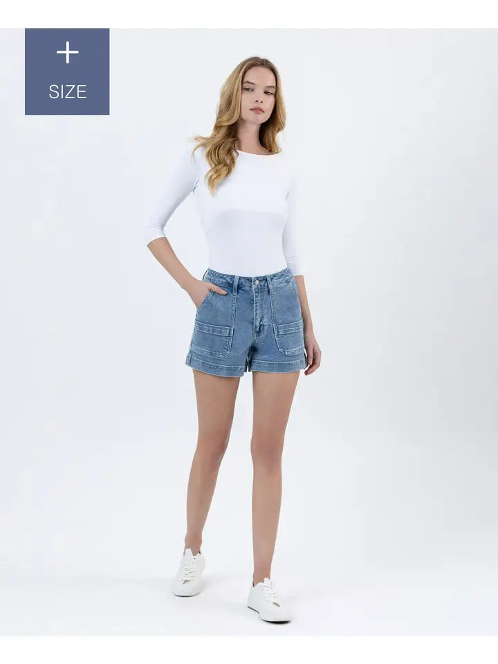 High Rise Denim Cargo Shorts