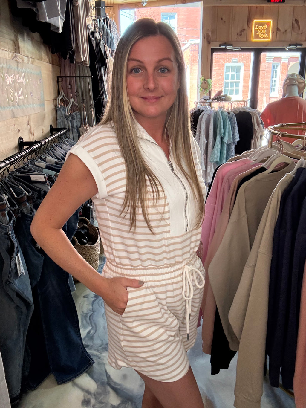 Stripe Zip-Front Drawstring Knit Romper
