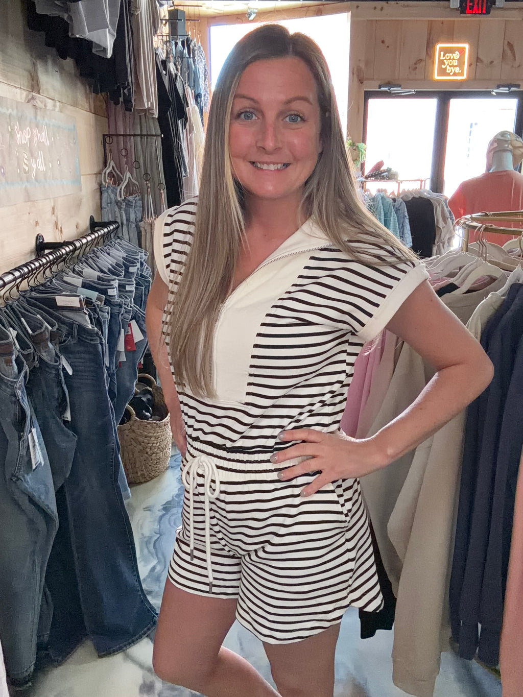 Stripe Zip-Front Drawstring Knit Romper