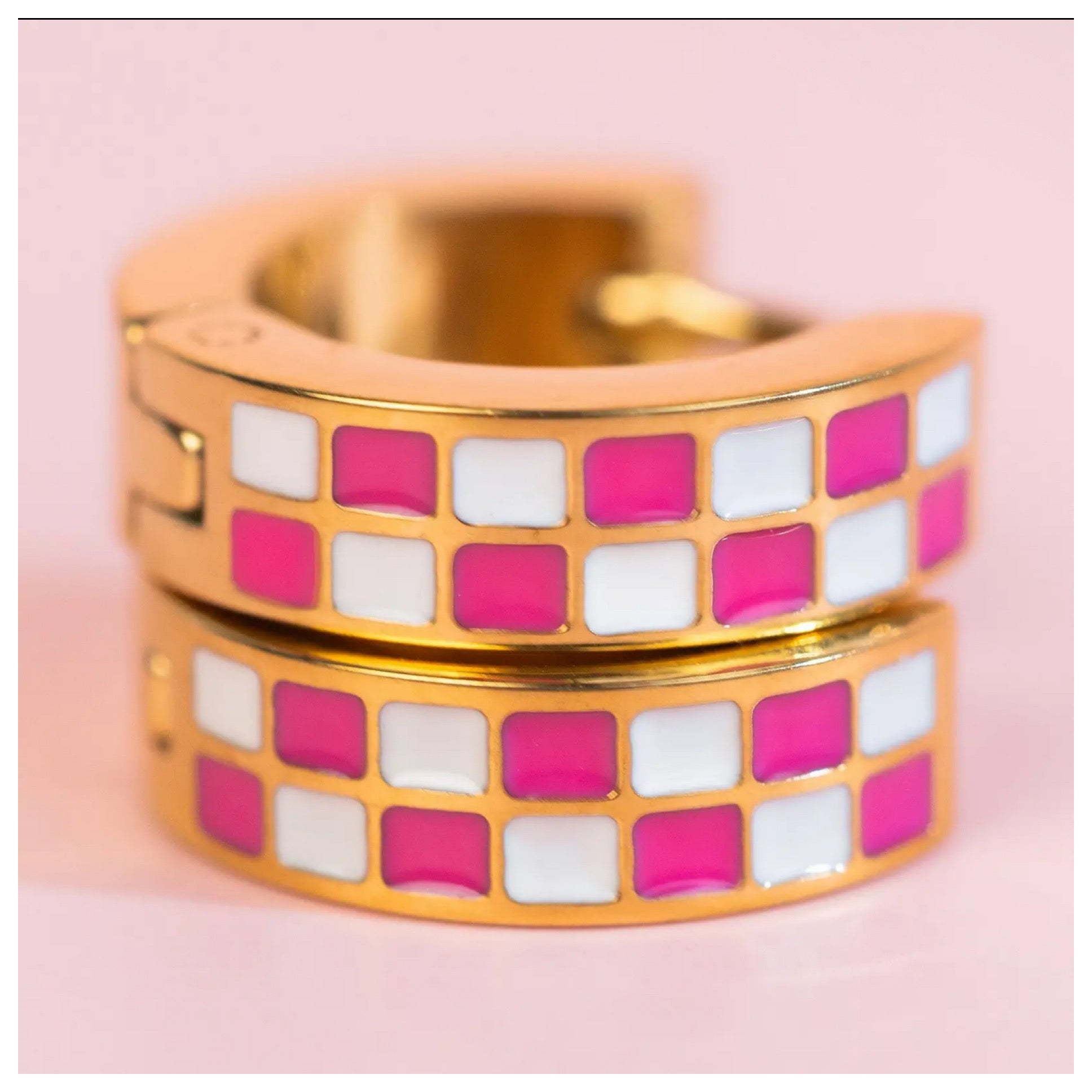 Pierced co hot pink checkered Huggies earrings