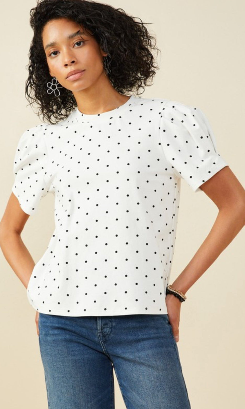 Women Plus Puff Sleeve Polka Dot Knit Tee