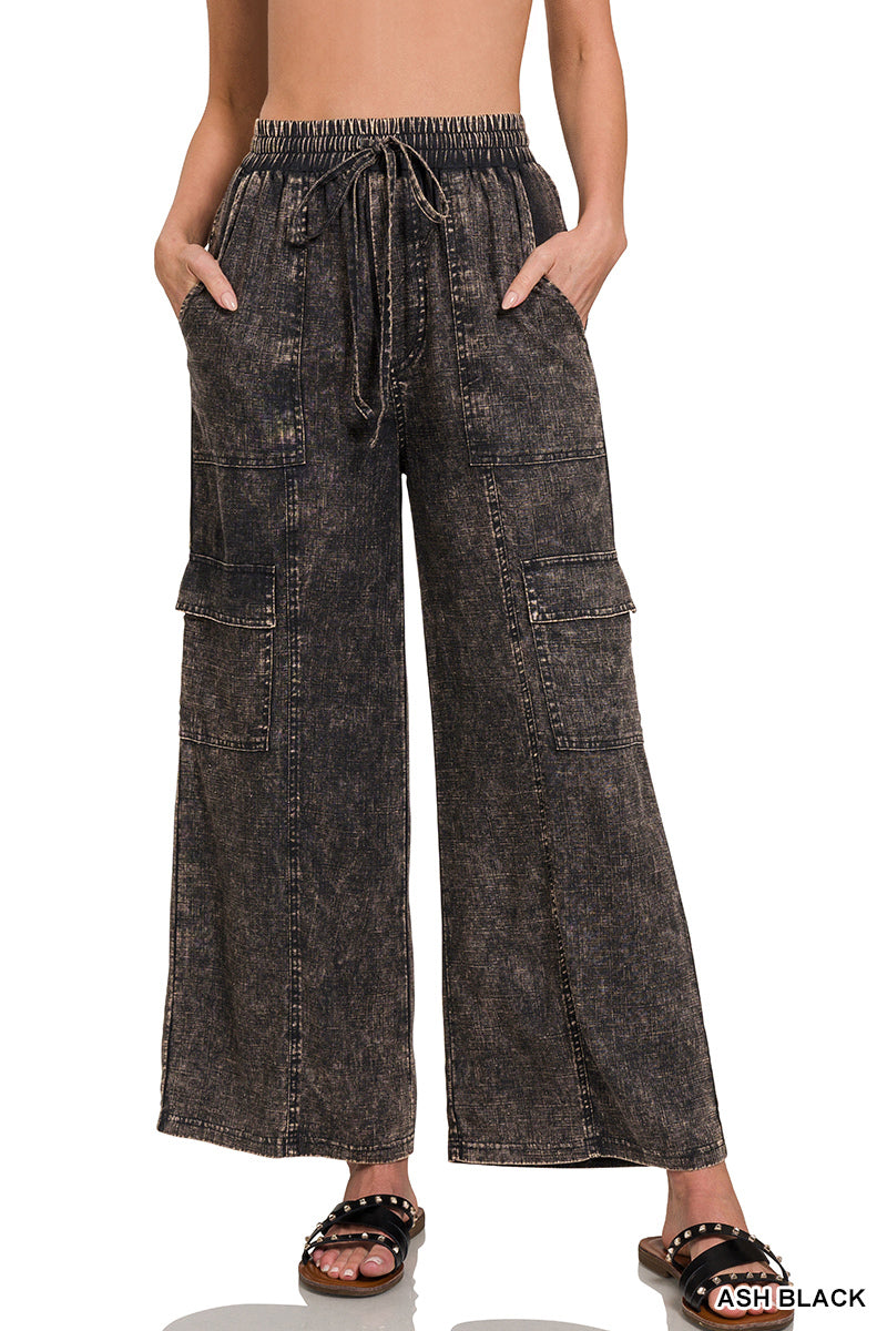 Washed Linen Elastic Waist Cargo Pants