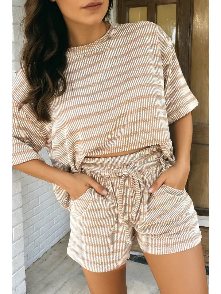 Stripe Raised Rib Tee Drawstring 2pcs Short Set