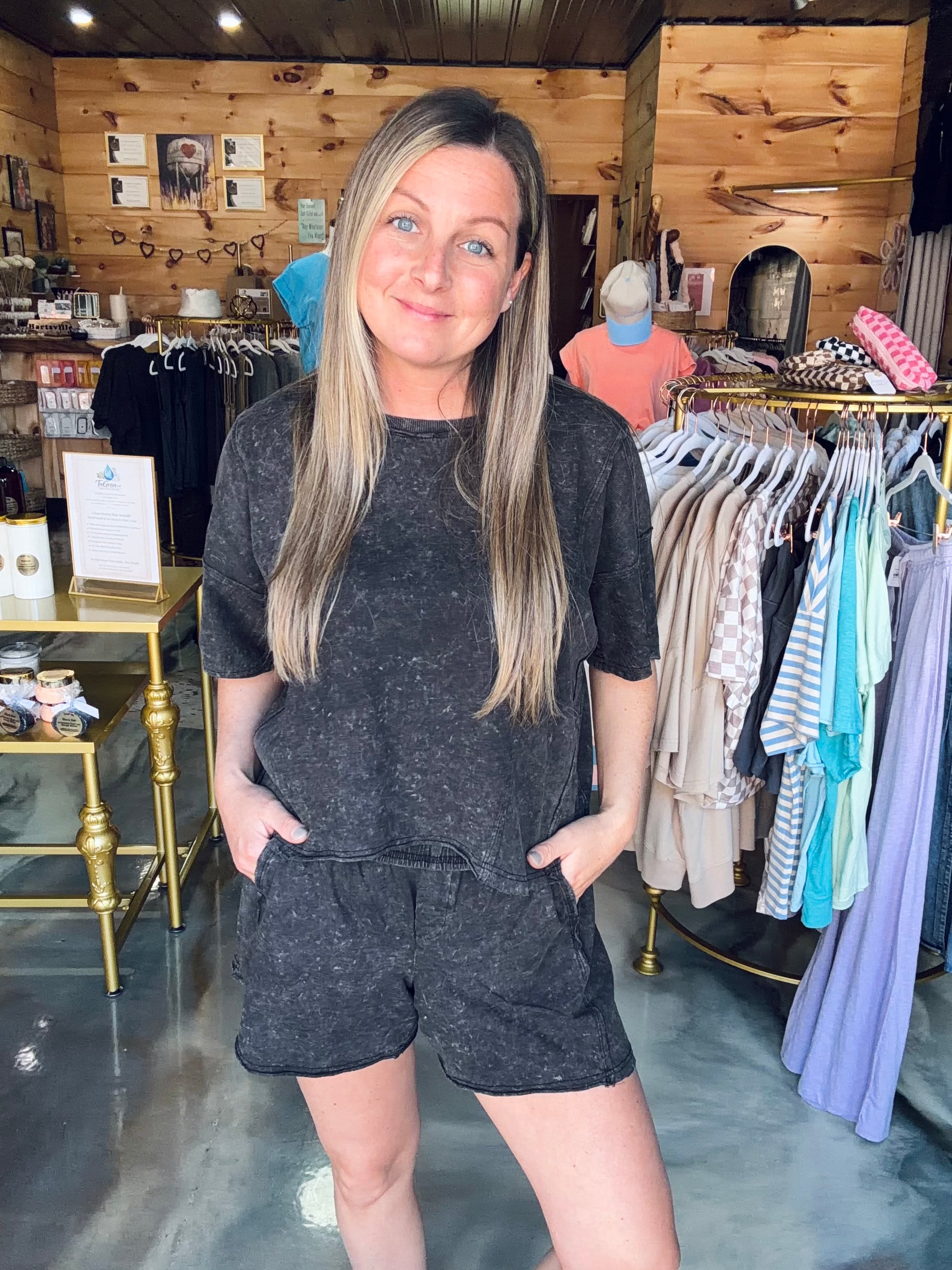 Mineral Washed Casual Knit Top & Shorts Set