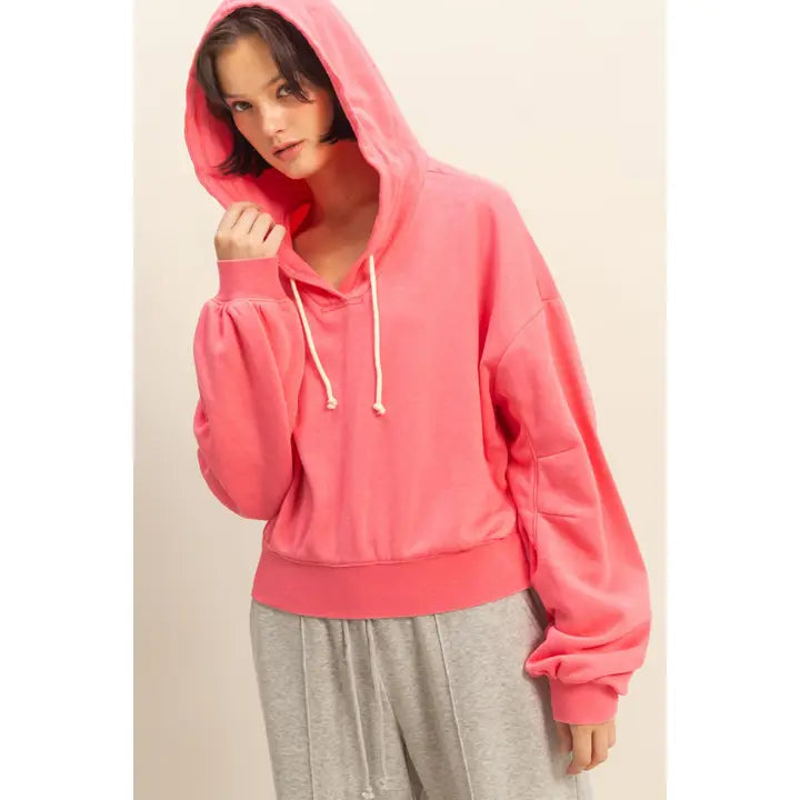 V-Neck Drawstring Detail Long Sleeve Crop Hoodie