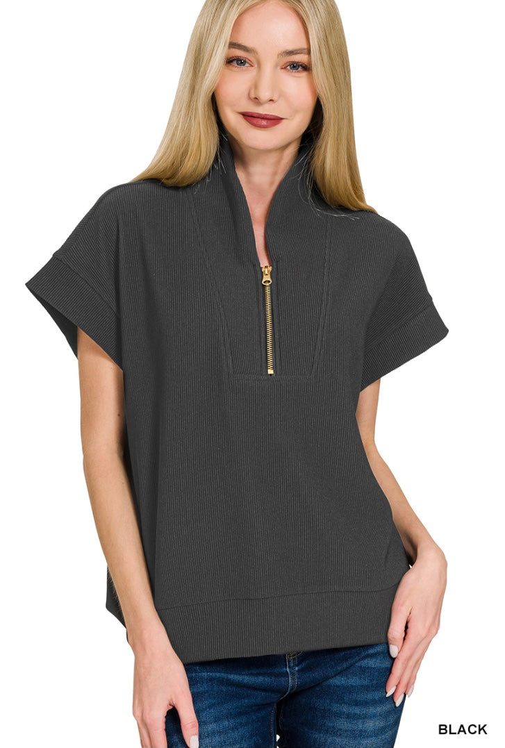 Ribbed High Neck Half Zip Top