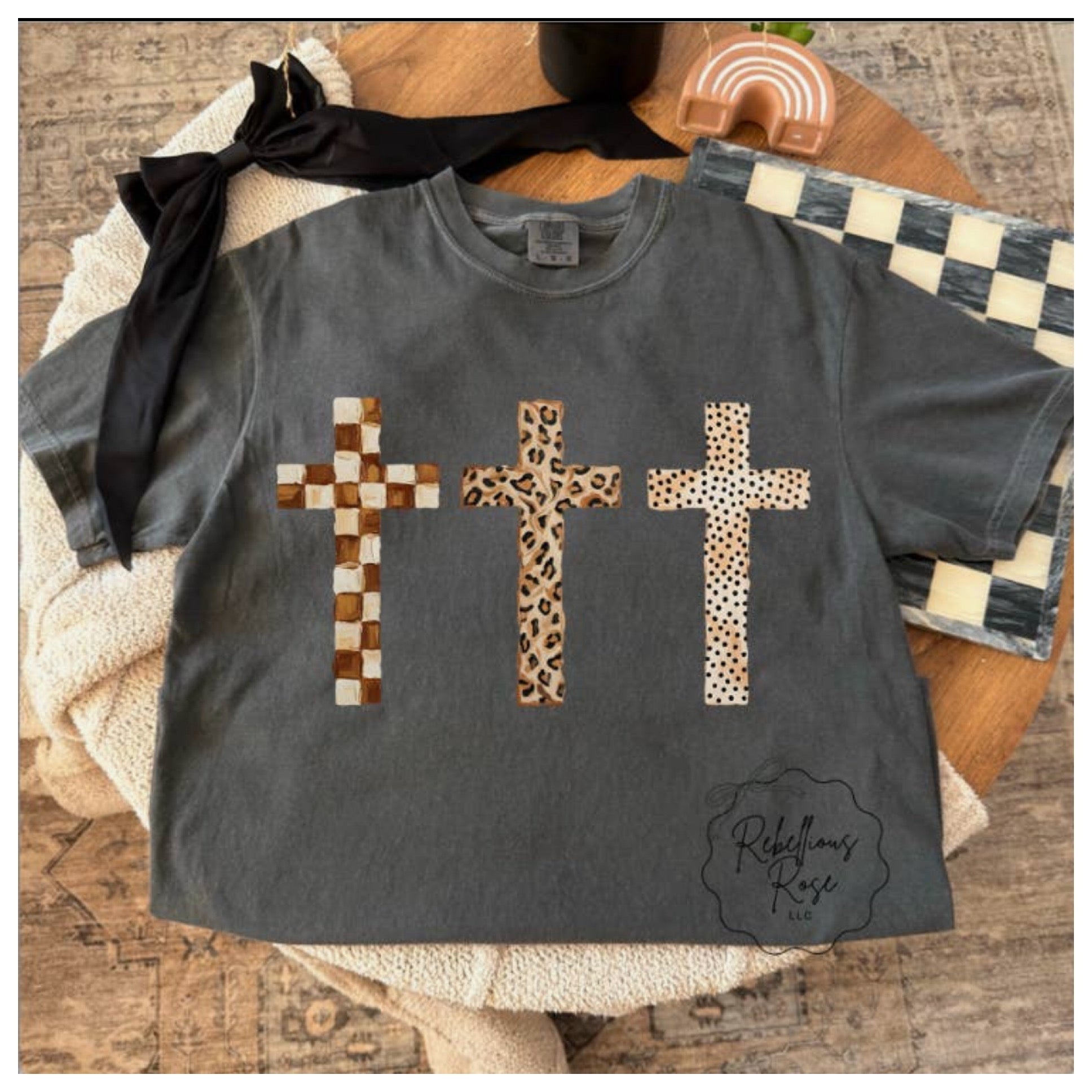 Leopard, polka dot, checkered cross shirt