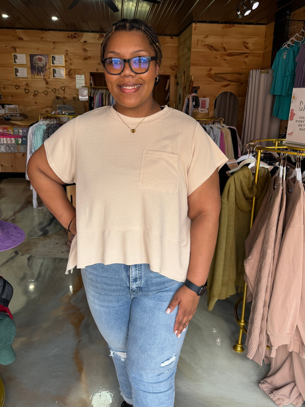 PLUS Size Flared Hem Waffle Knit Casual Top