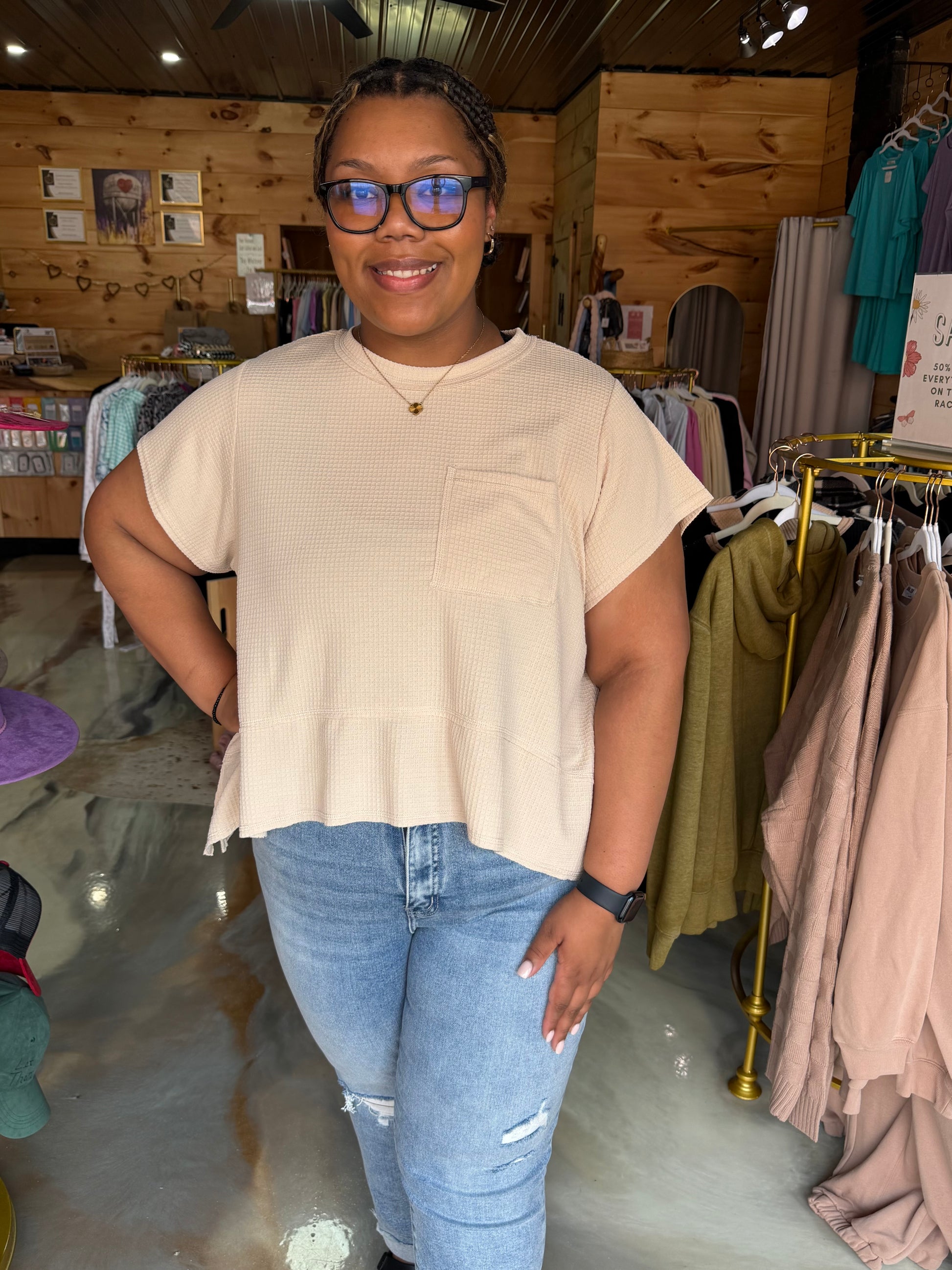 PLUS Size Flared Hem Waffle Knit Casual Top