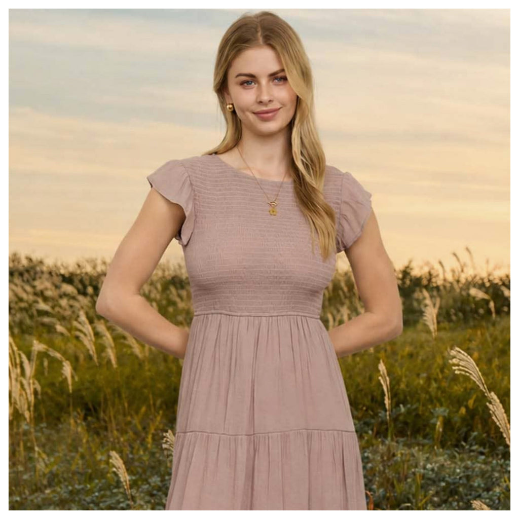 Tiered smocked short sleeve mini dress - taupe