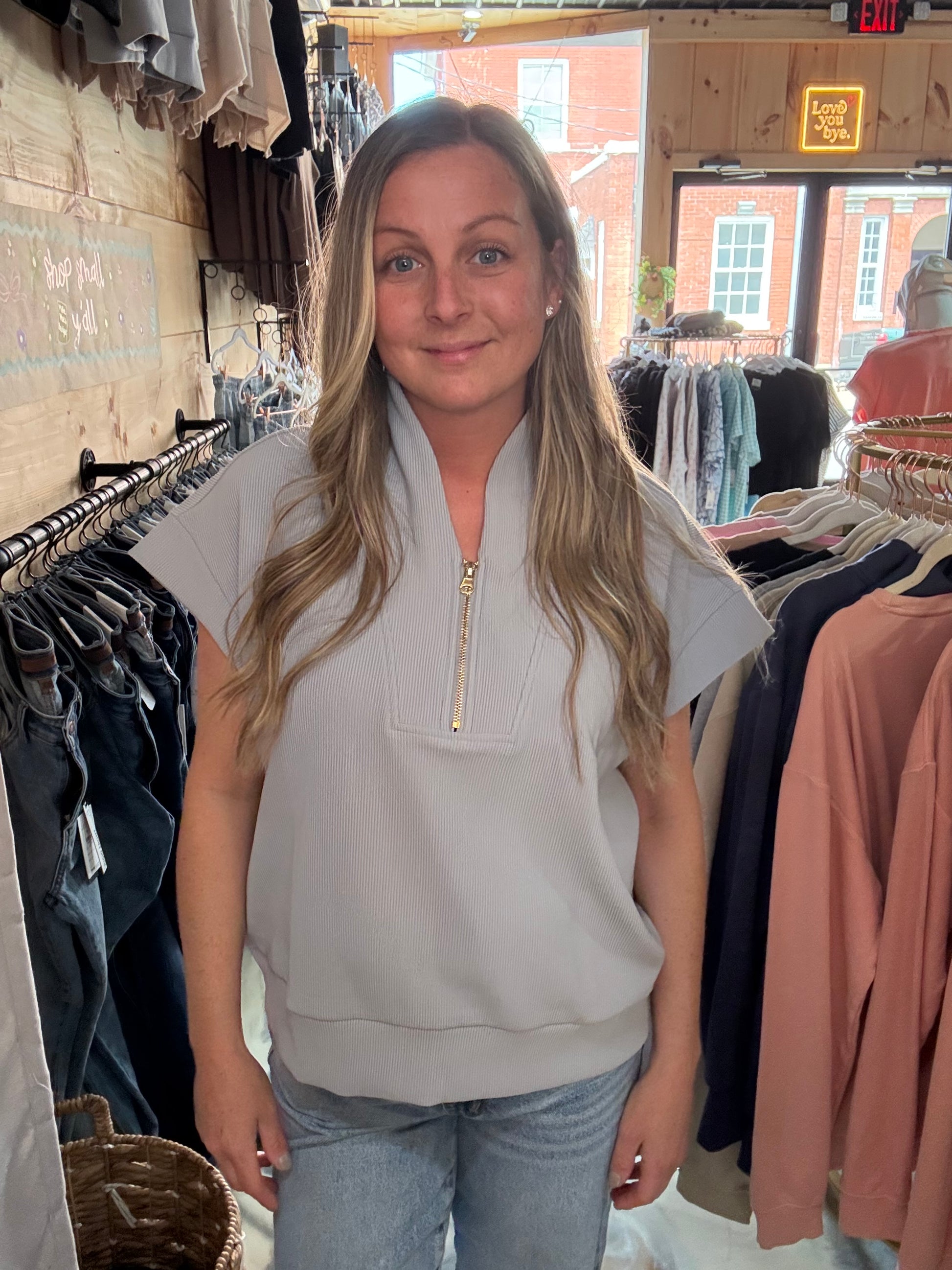 RIBBED HIGH NECK HALF ZIP TOP