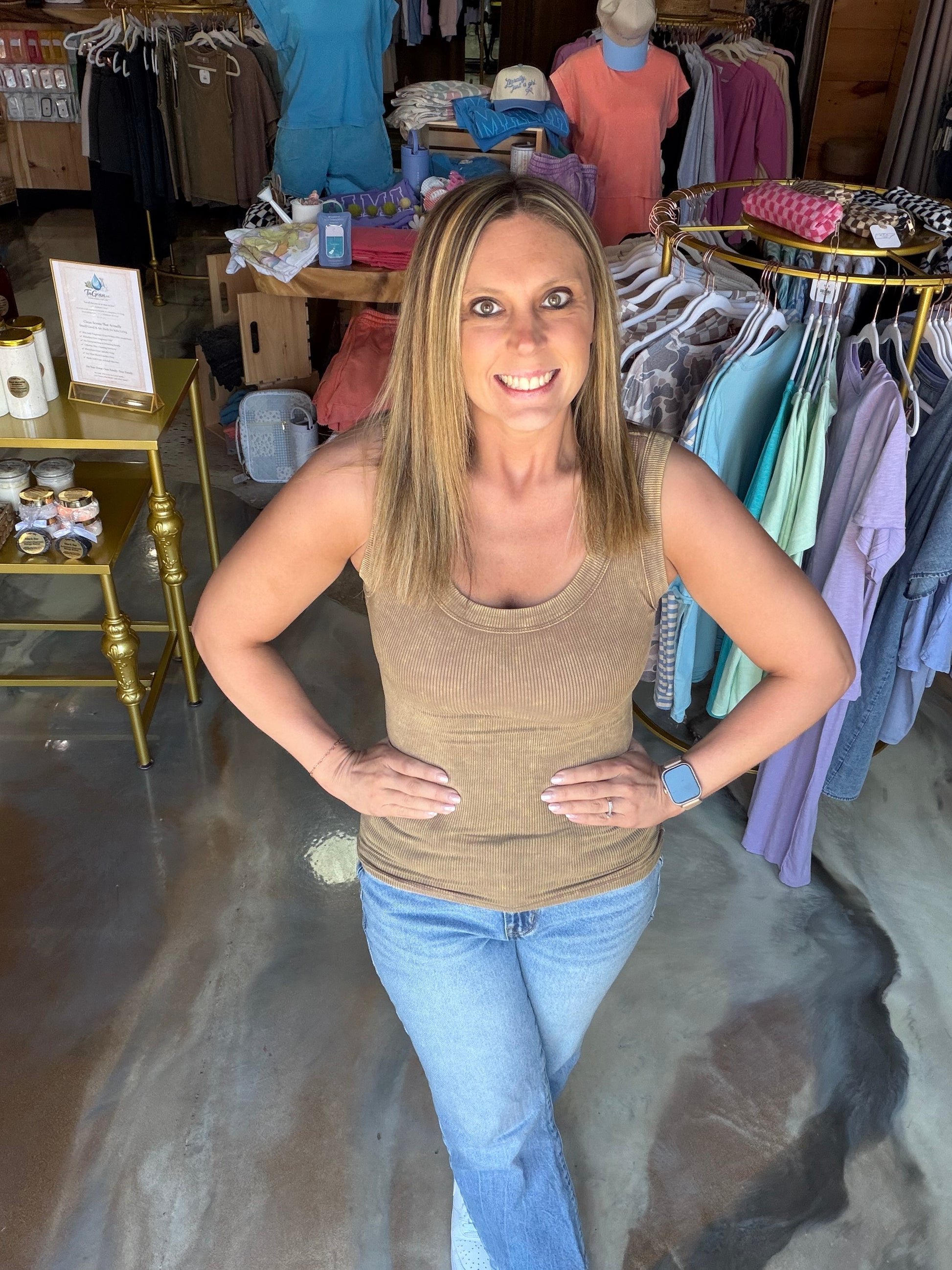 Washed ribbed scoop neck tank top