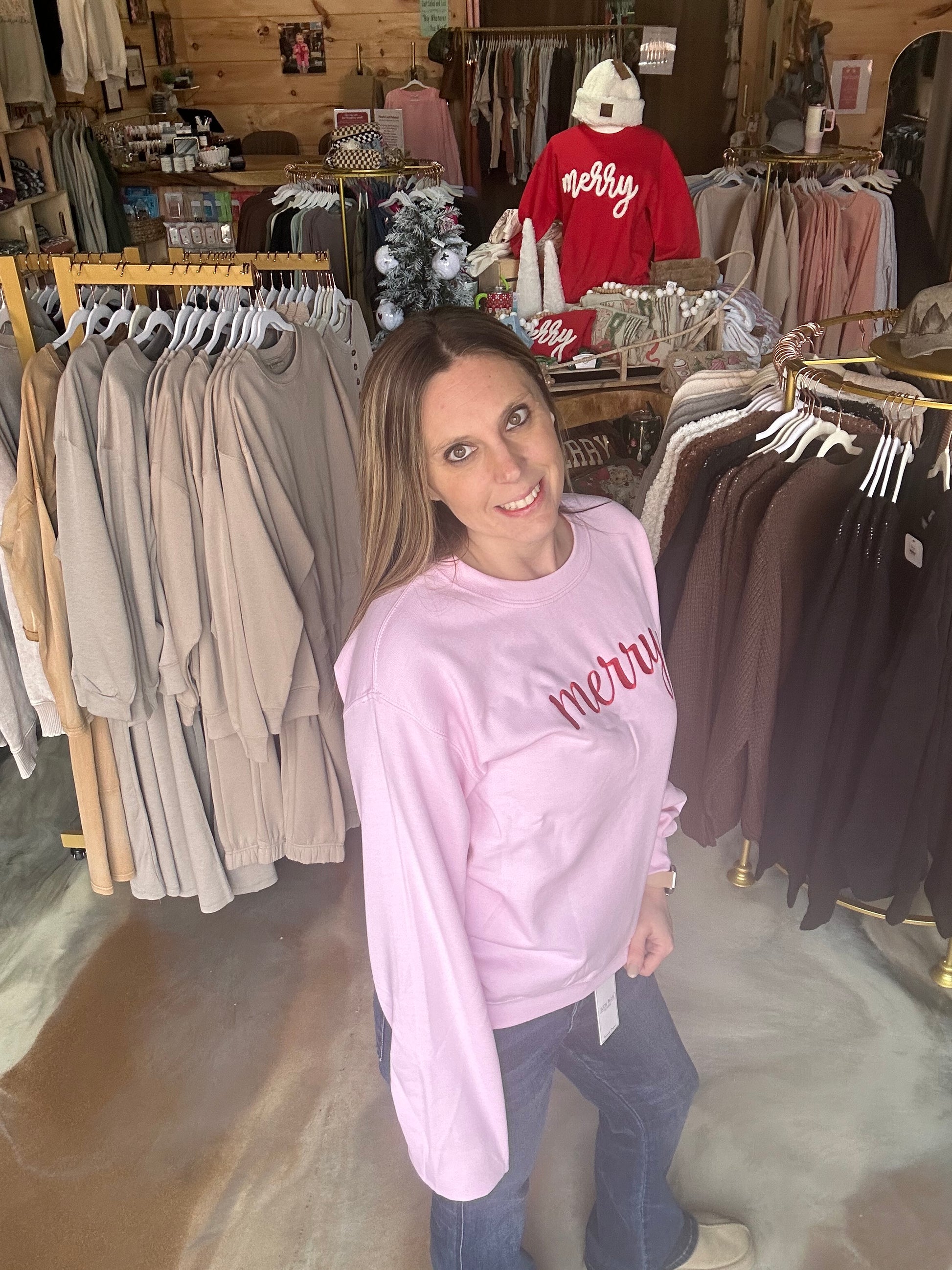 Pink Merry Embroidered Crew
