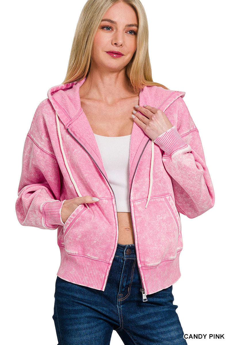 Acid wash fleece cropped zip-up hoodie w pockets