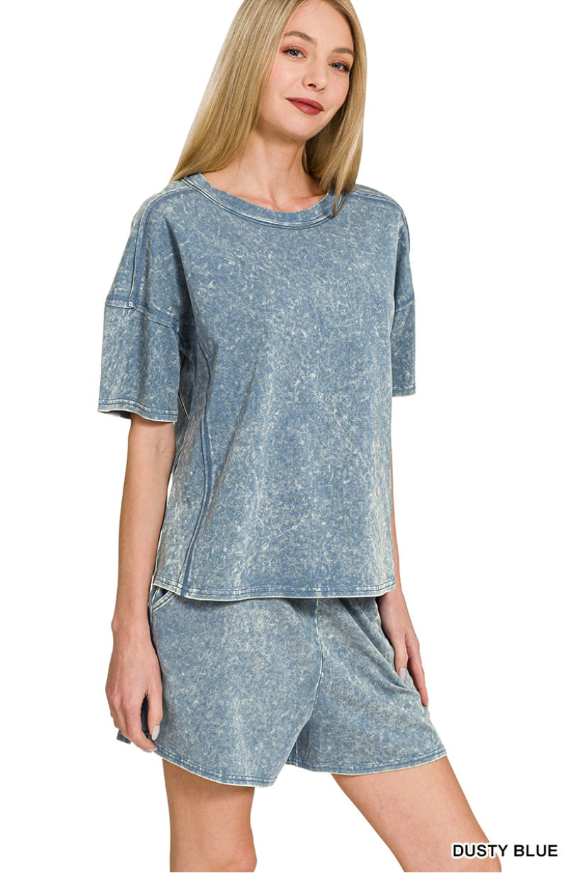 Acid Washed Short Sleeve Tee & Shorts Set