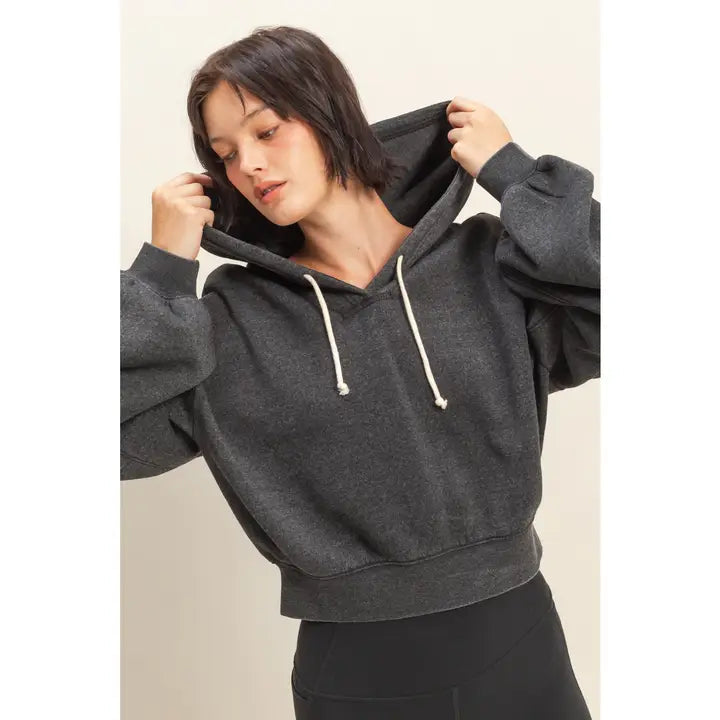 V-Neck Drawstring Detail Long Sleeve Crop Hoodie