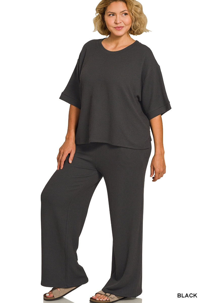 Plus raised rib short sleeve tee and pant set