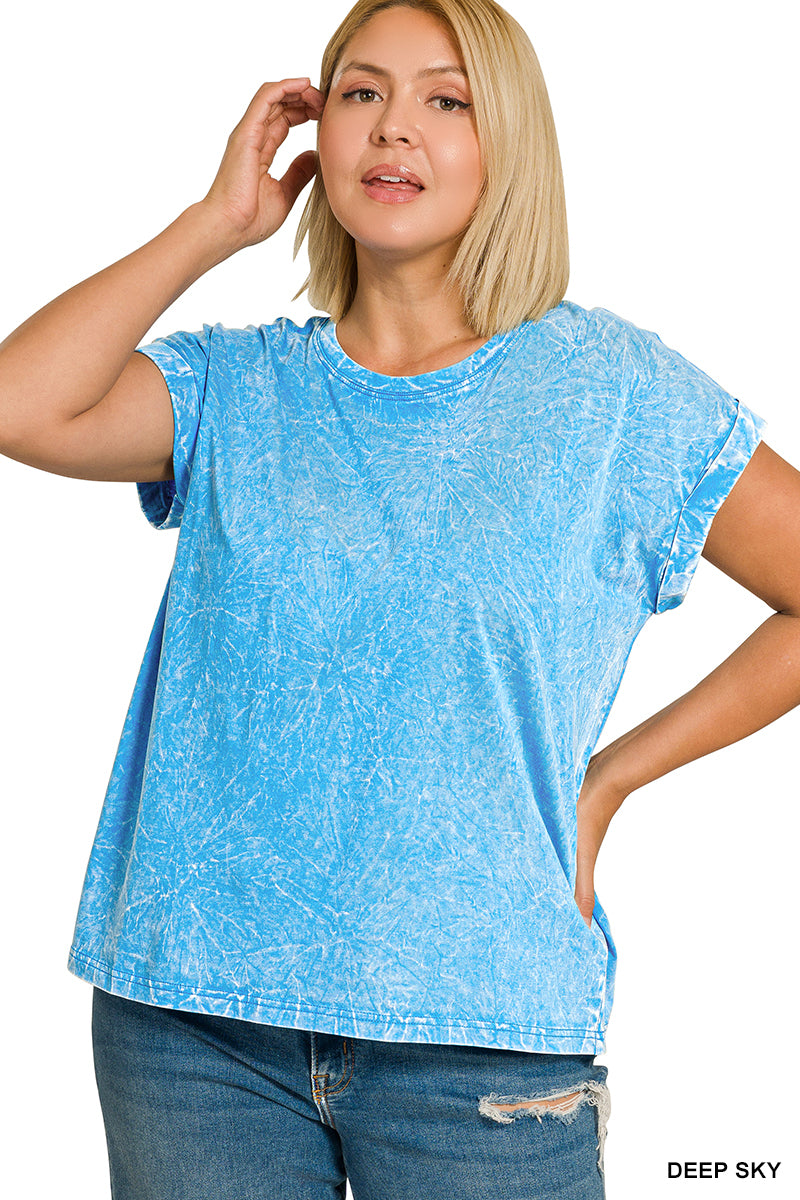 Plus Crinkle Washed Round Folded Short Sleeve Tee