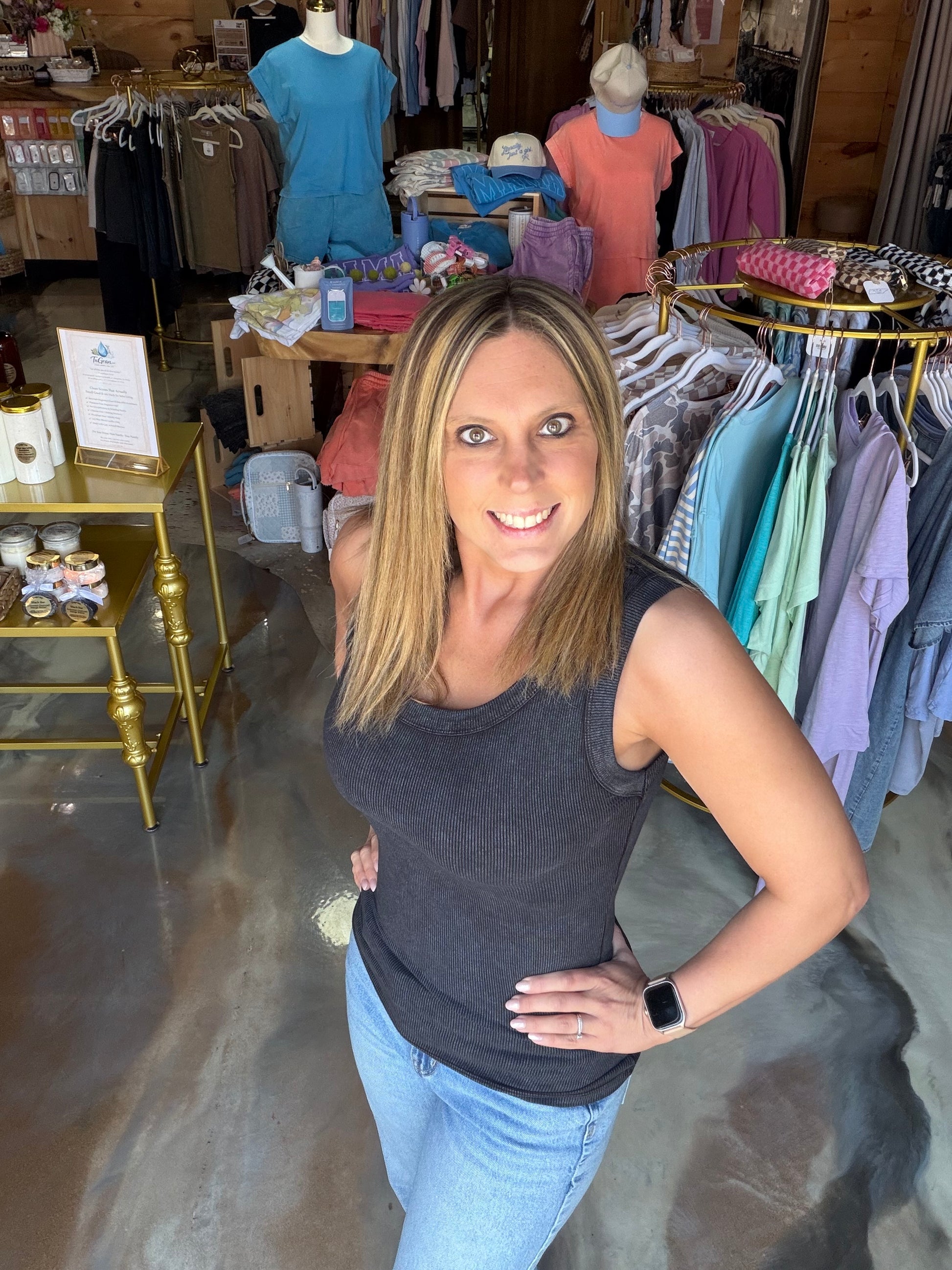 Washed ribbed scoop neck tank top