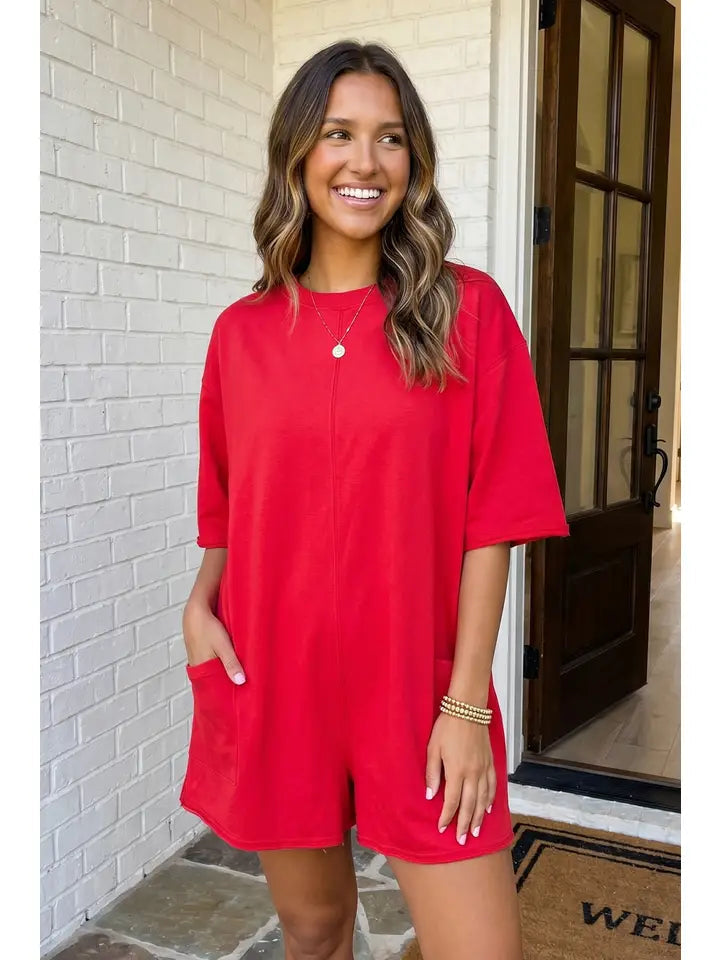 Color Raw Edge Pocketed Loose Romper