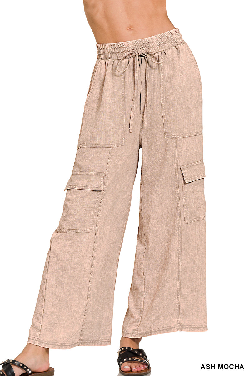 Washed Linen Elastic Waist Cargo Pants