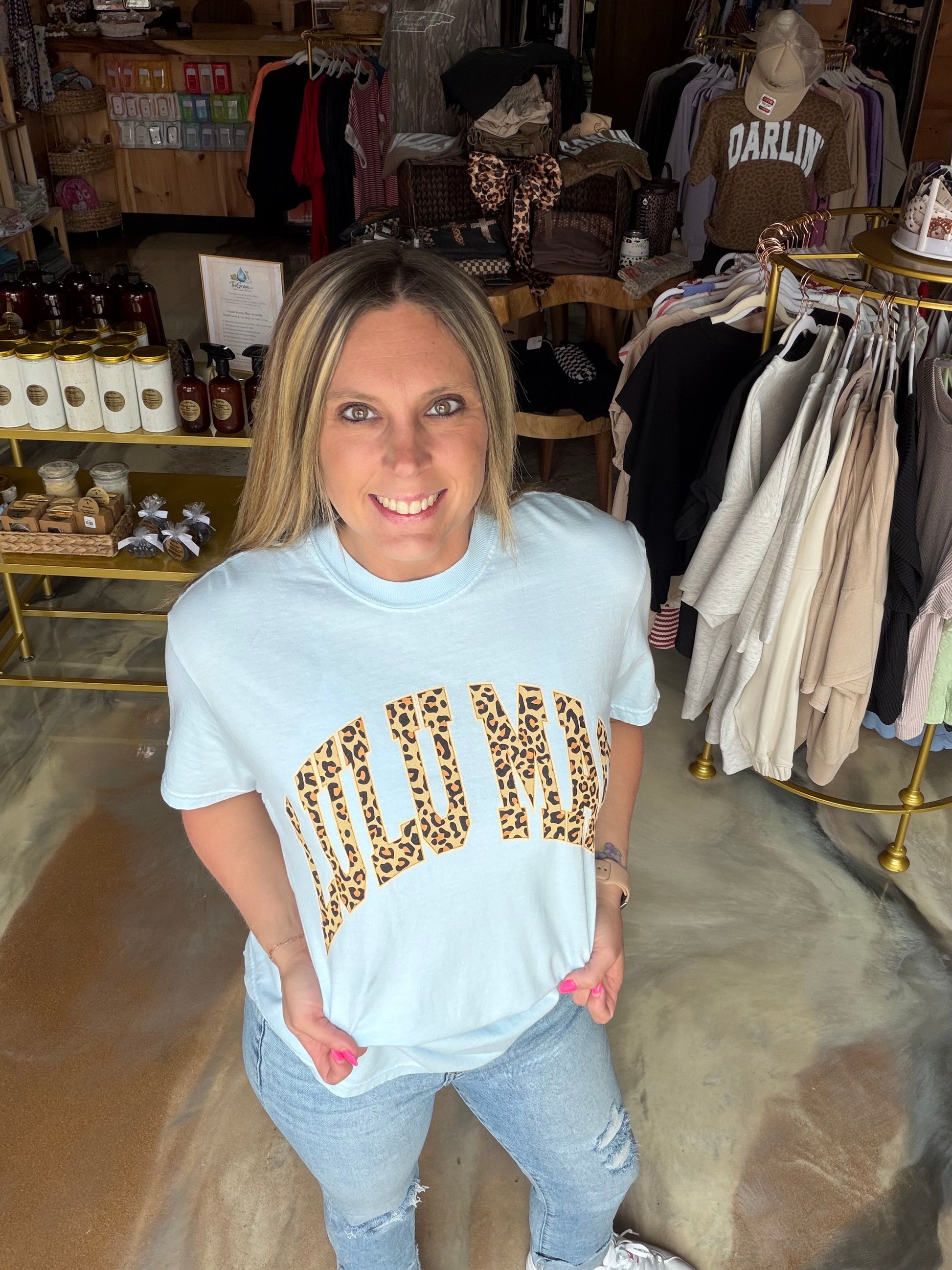 Lulumac blue leopard comfort colors tshirt