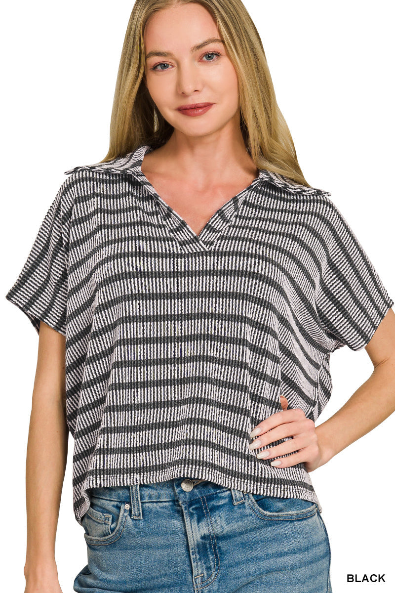 Raised Rib Striped Collared Top