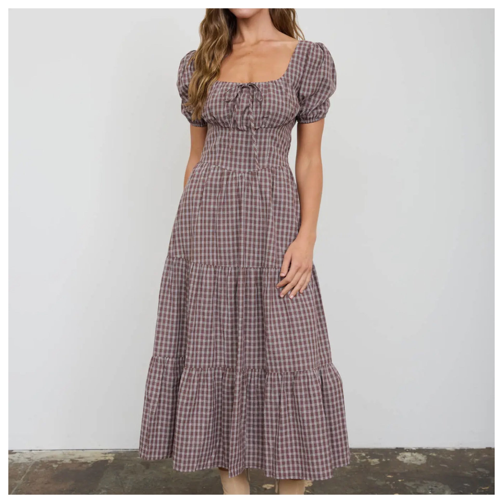 Plaid puff sleeve corset detail tiered mini dress