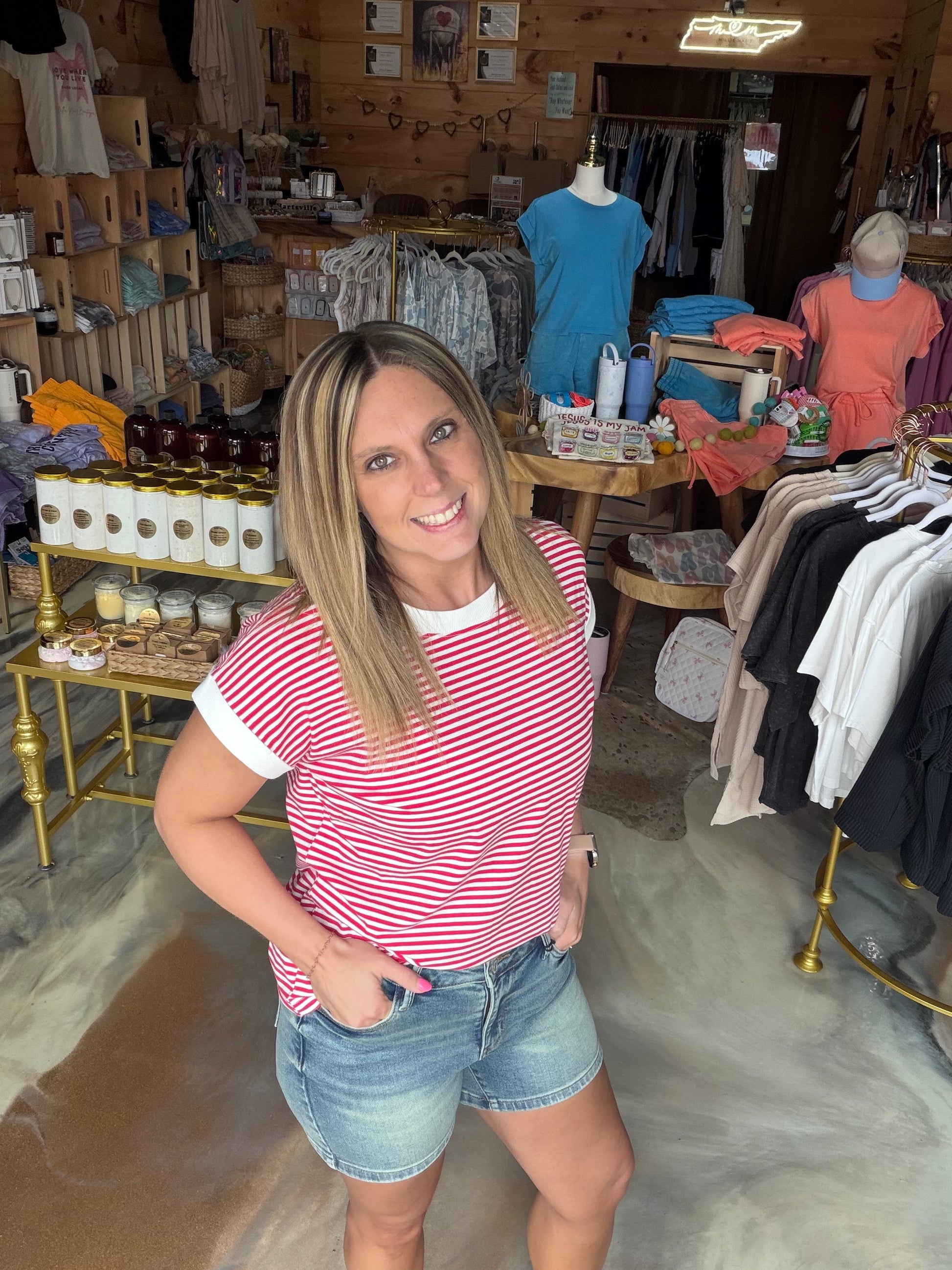 Stripe Contrast Trim Rib Banded Top