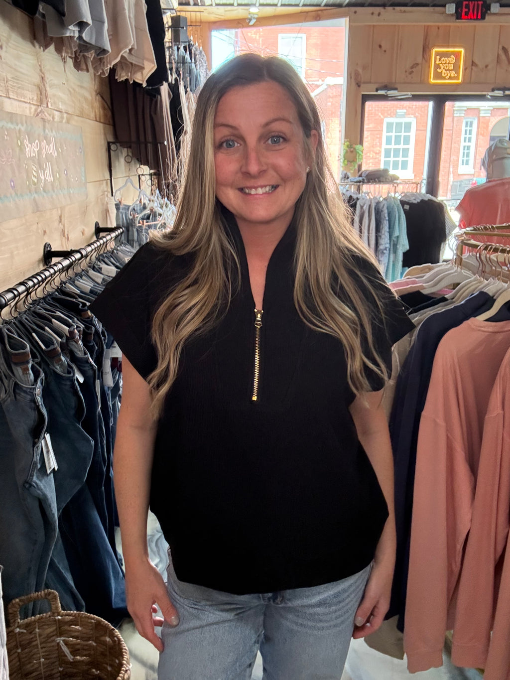 RIBBED HIGH NECK HALF ZIP TOP
