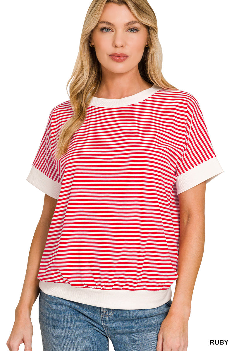 Stripe Contrast Trim Rib Banded Top