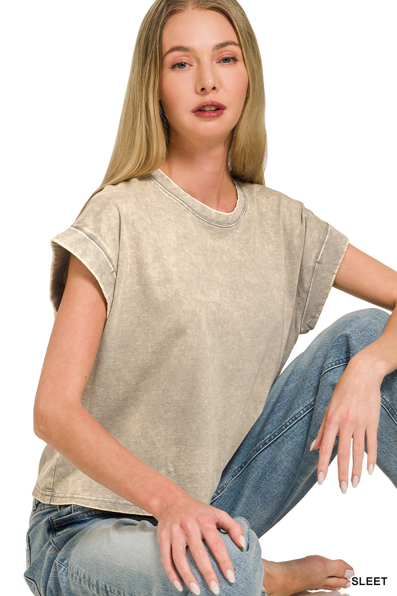 Washed Cotton Cuffed Short Sleeve Top