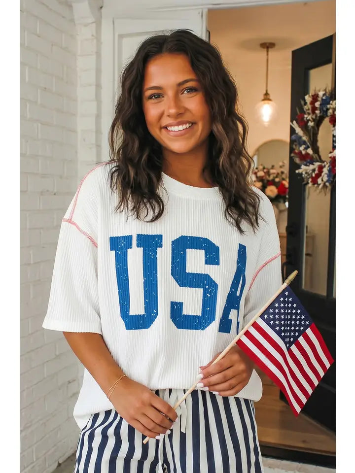 USA Graphic Half Sleeve Loose Ribbed Top