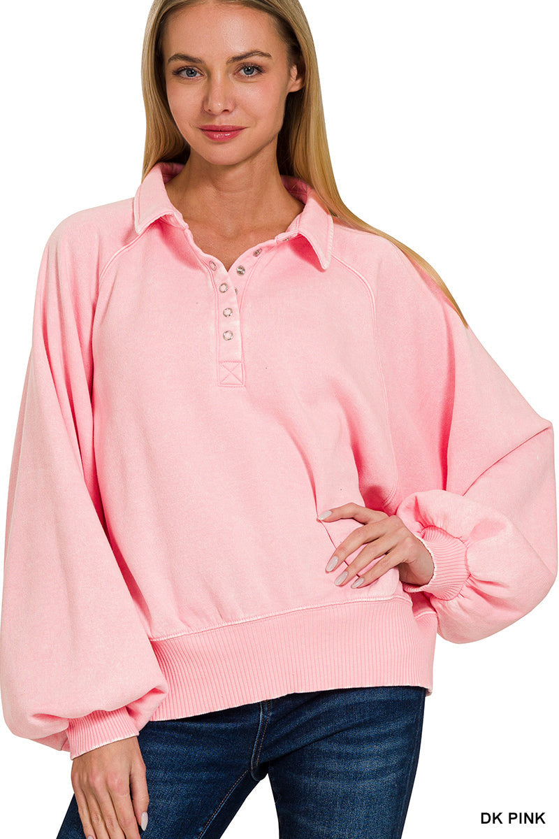Acid wash fleece button up collared pullover