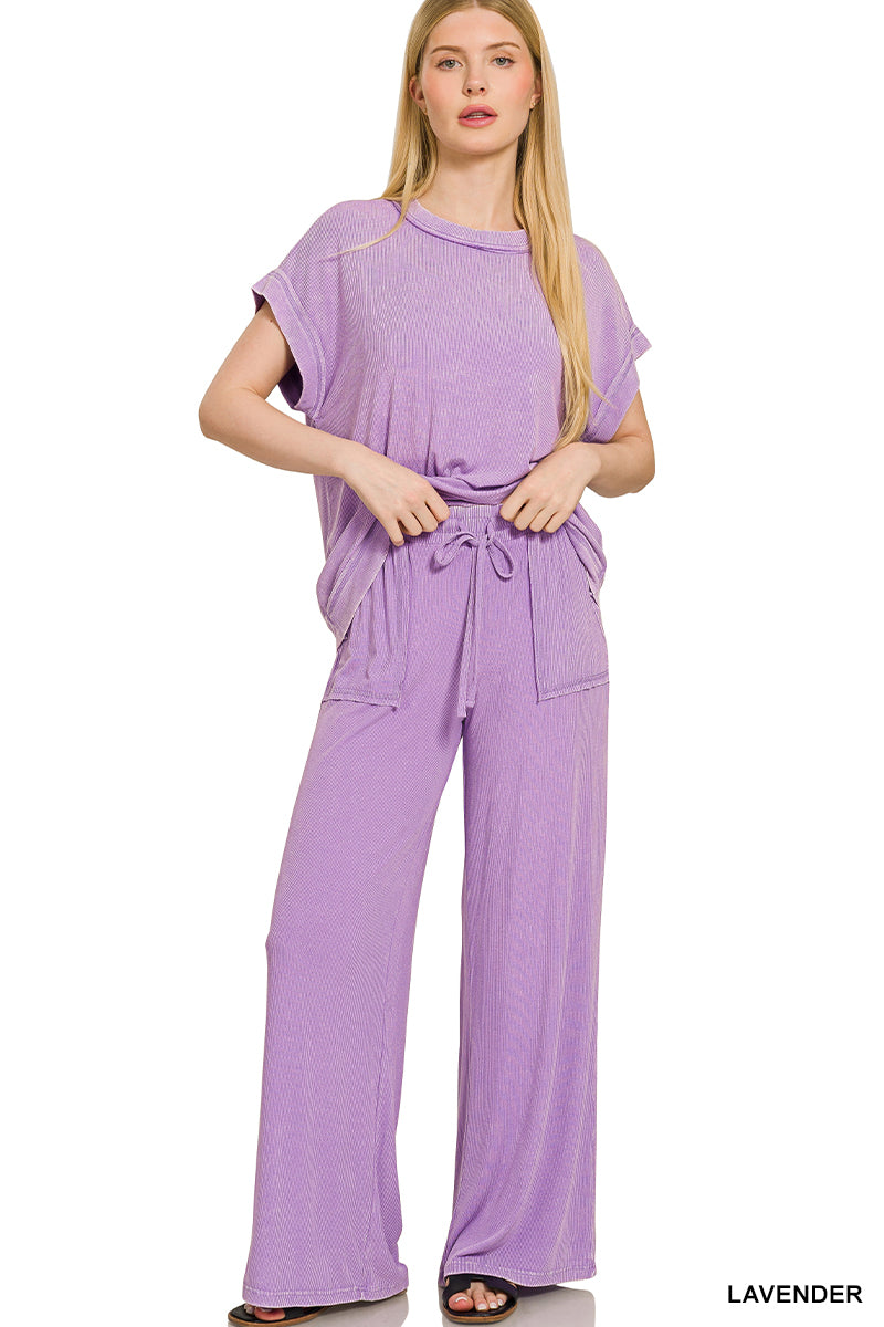 Ribbed acid wash rayon top & pants set