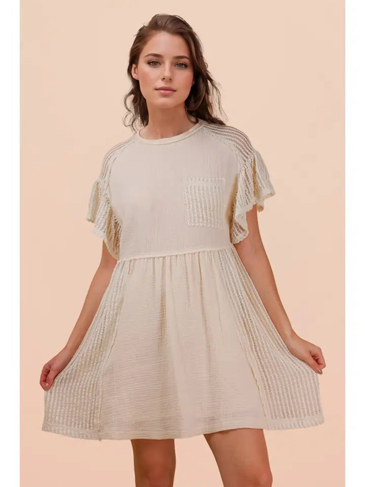 Waffle Knit Contrast Solid Comfy Mini Dress