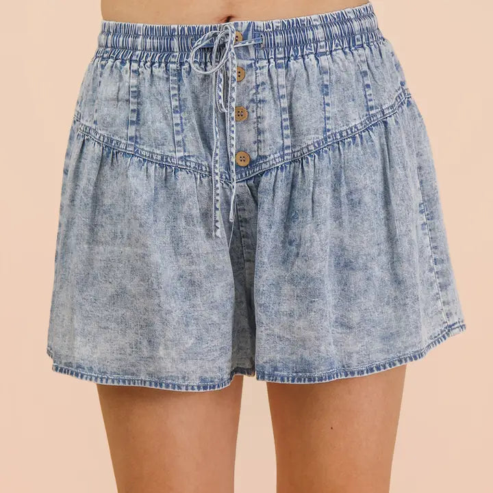Washed Chambray Button Down Flare Shorts