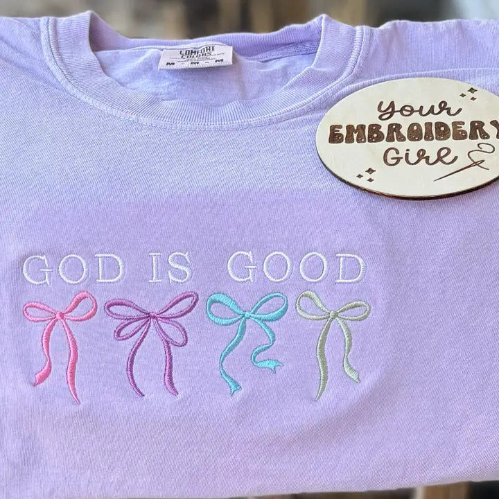 Embroidered God Is Good Bows Comfort Colors T-Shirt