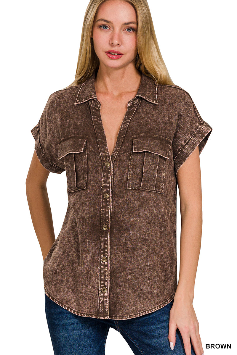 WASHED LINEN BUTTON DOWN BATWING SLEEVE SHIRTS