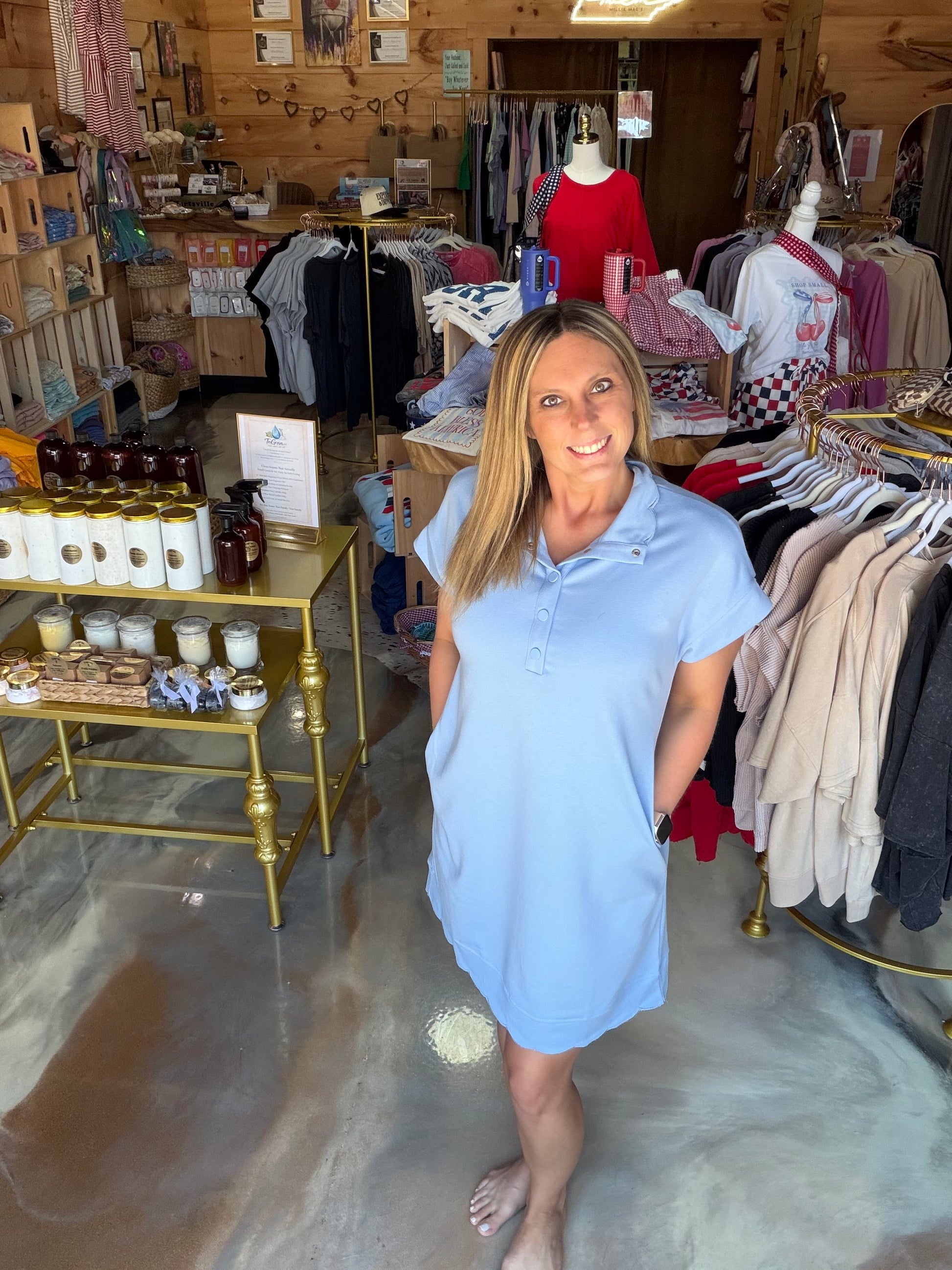 Solid Snap Button Polo Scallop Hem Mini Dress