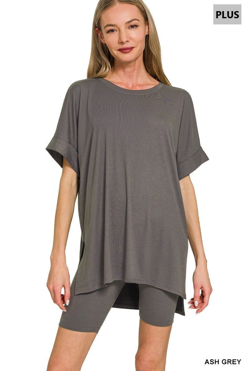 BRUSHED DTY MICROFIBER ROUND-NECK TOP & BIKER SHORTS