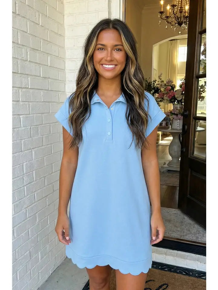Solid Snap Button Polo Scallop Hem Mini Dress