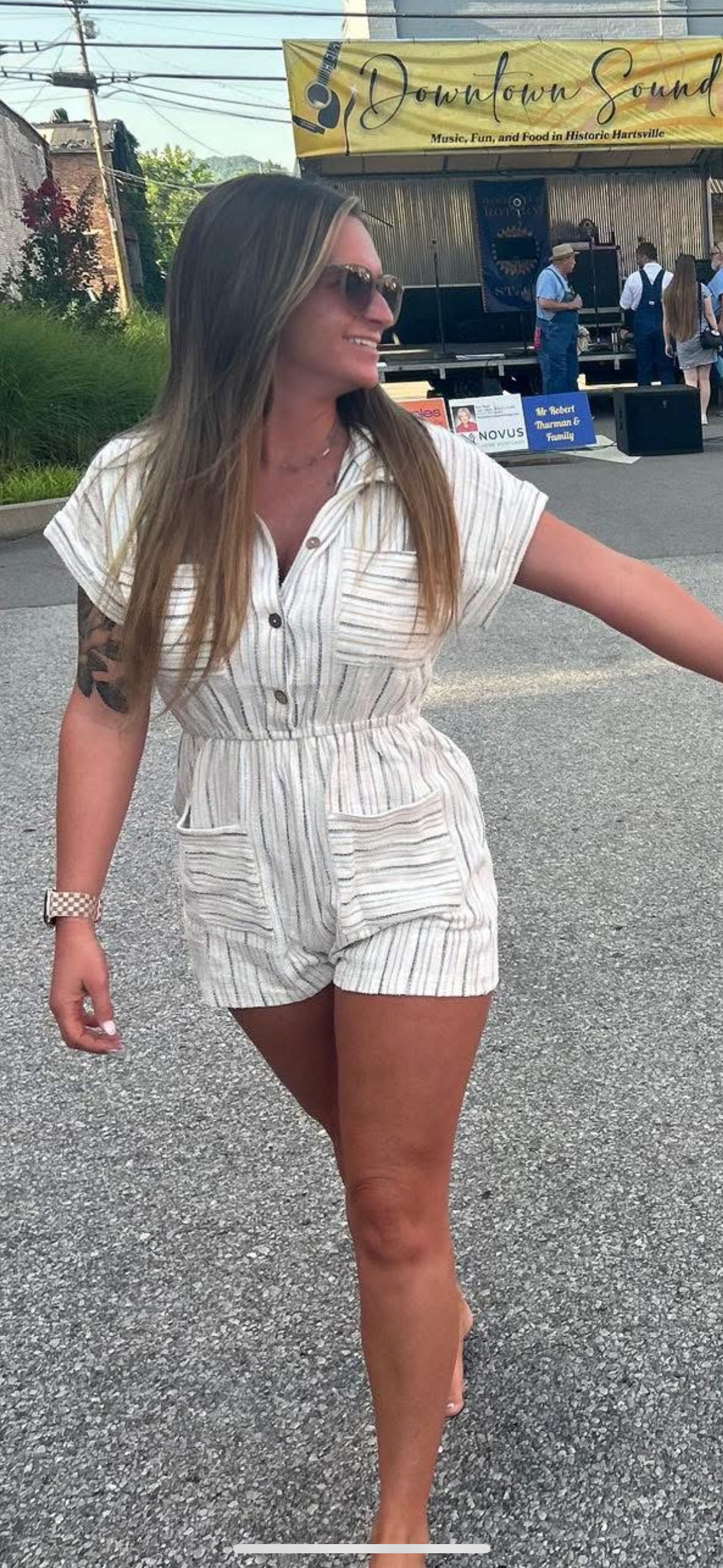 Women's Button Up Patch Pocket Striped Terry Romper