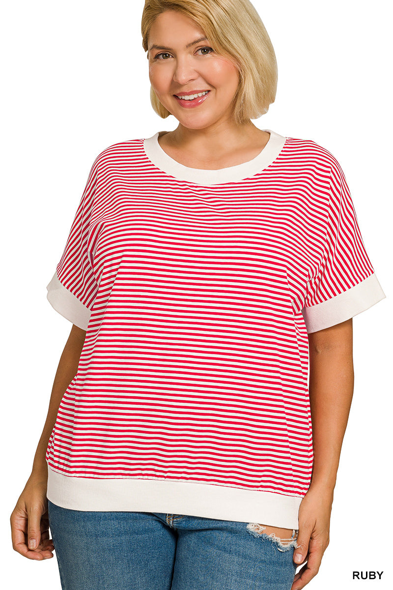 Plus Stripe Contrast Rib Banded Trim Top