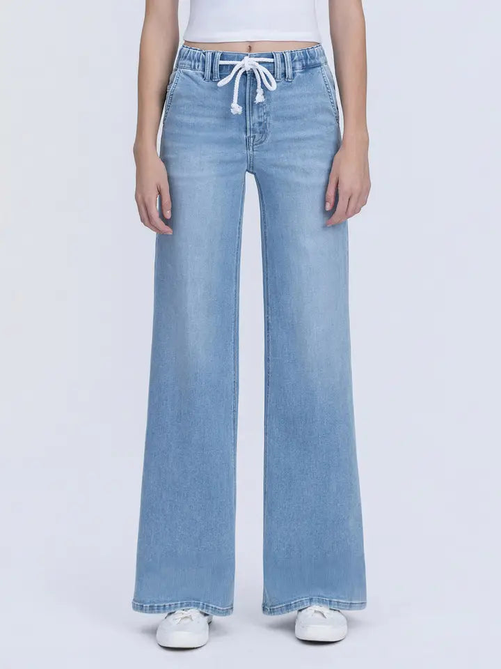 High Rise Elastic Wb with Drawstring Wide Leg Jeans