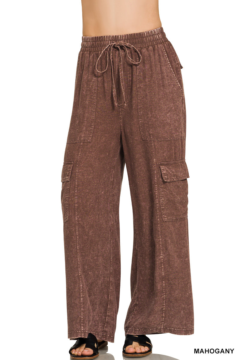 Washed Linen Elastic Waist Cargo Pants