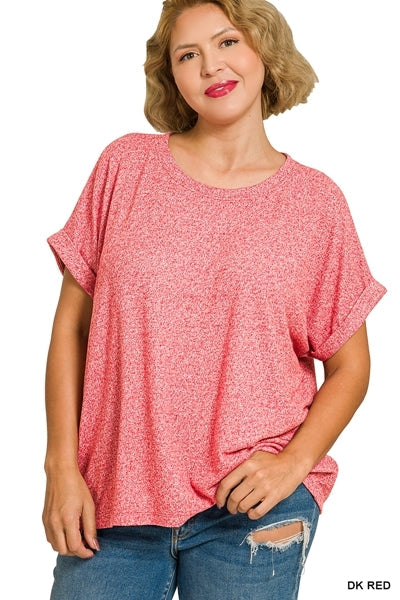 Plus Soft Melange Short Sleeve Round Neck Top