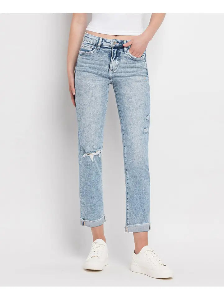 Tummy Control High Rise Cuff Slim Straight Jeans